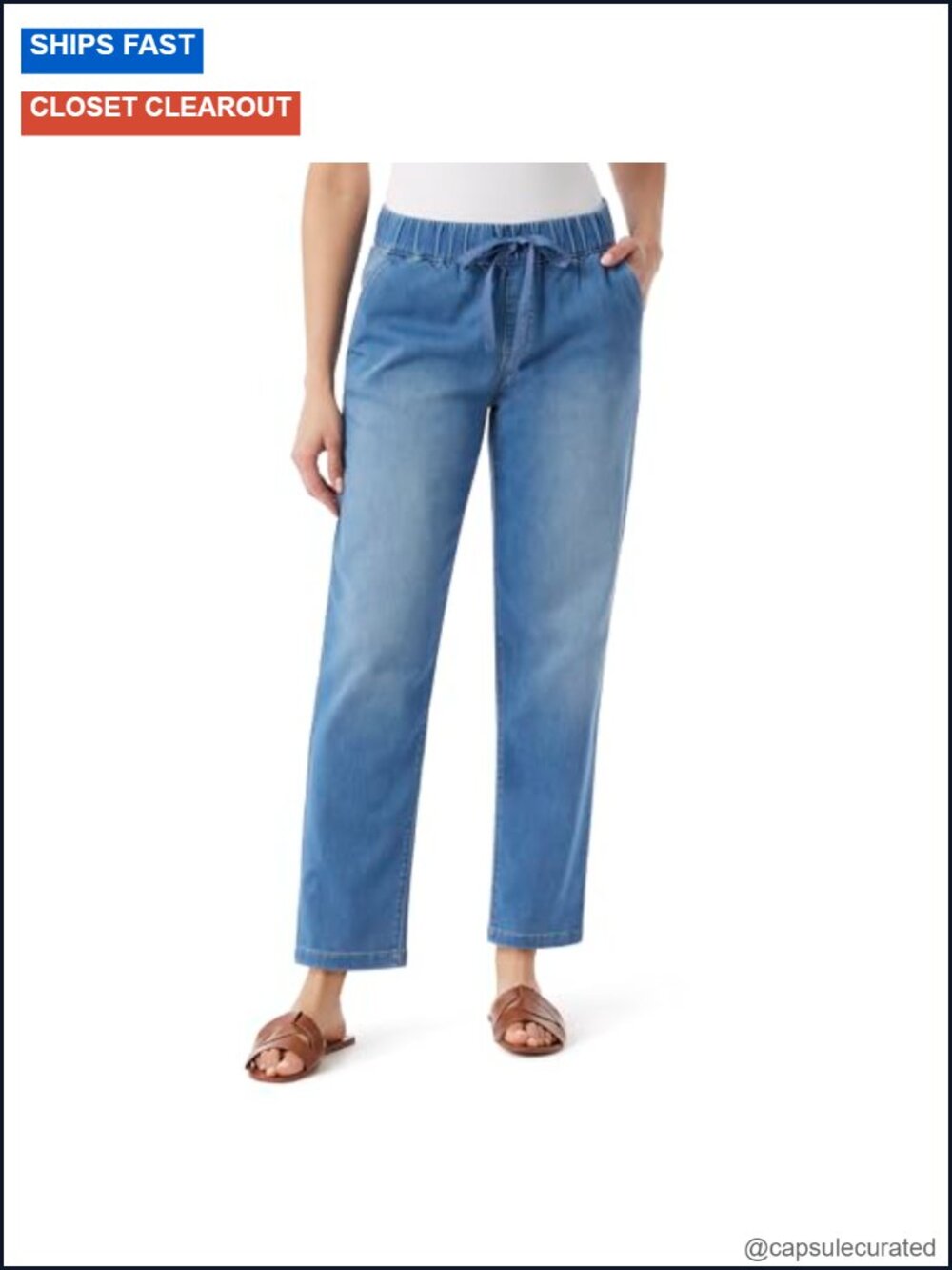 Women's High Rise Drawstring Straight Leg Pull On Jeans with Pockets